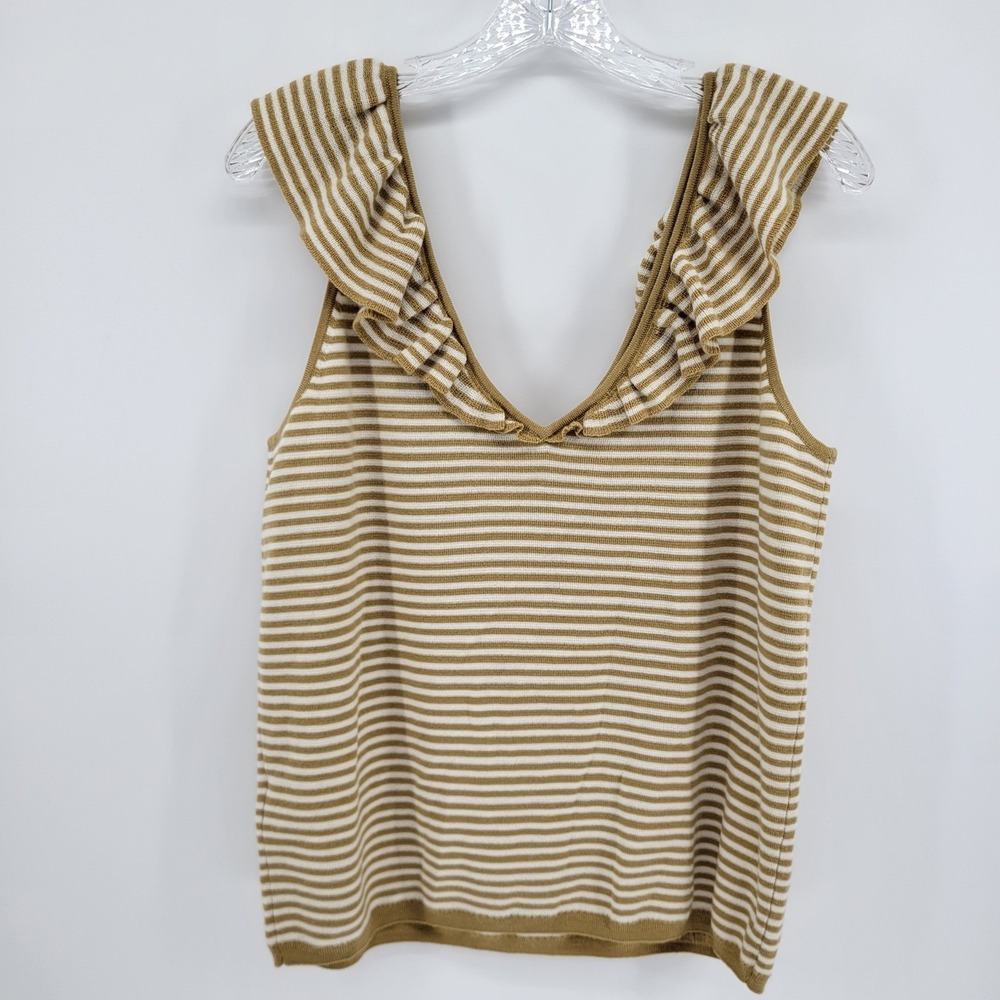 Madewell Womens XL Ruffle V-Neck Striped Sweater Tank Top Merino Wool Blend Tan